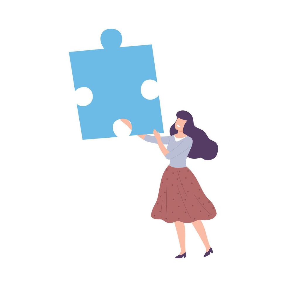 Young Woman Connecting Puzzle Elements, Girl Holding Big Blue Jigsaw Piece Assembling Abstract Puzzle Cartoon Style Illustration vector