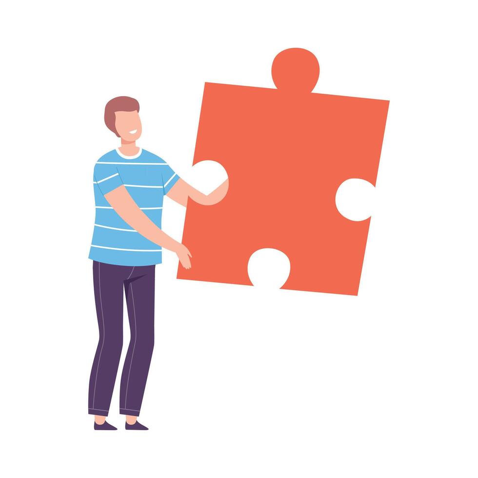 Man Connecting Red Puzzle Element, Guy Holding Big Jigsaw Piece Assembling Abstract Puzzle Cartoon Style Illustration vector