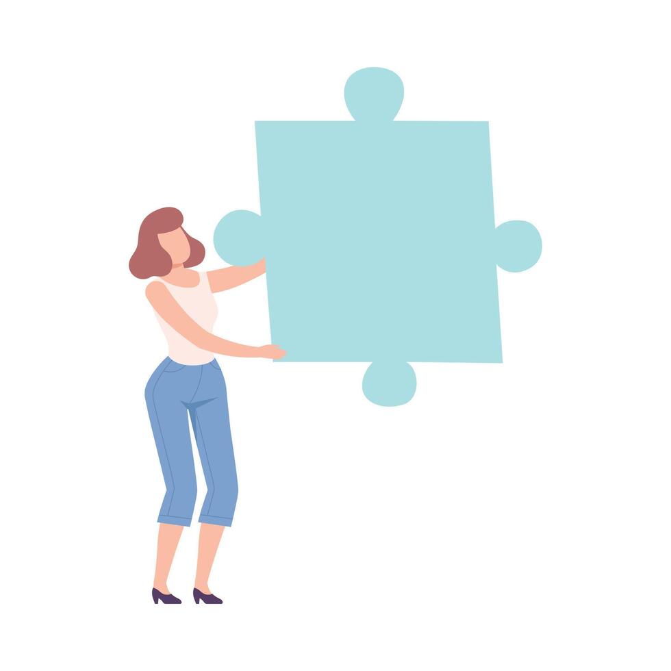 Girl Connecting Puzzle Element, Person Holding Big Jigsaw Piece Assembling Abstract Puzzle Cartoon Style Illustration vector