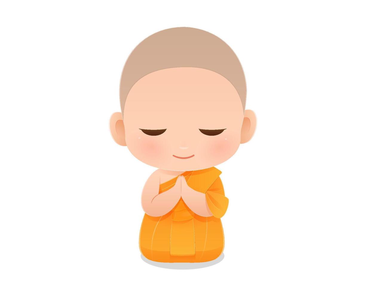 Adorable young novice monk kneeling in prayer with peaceful expression. vector