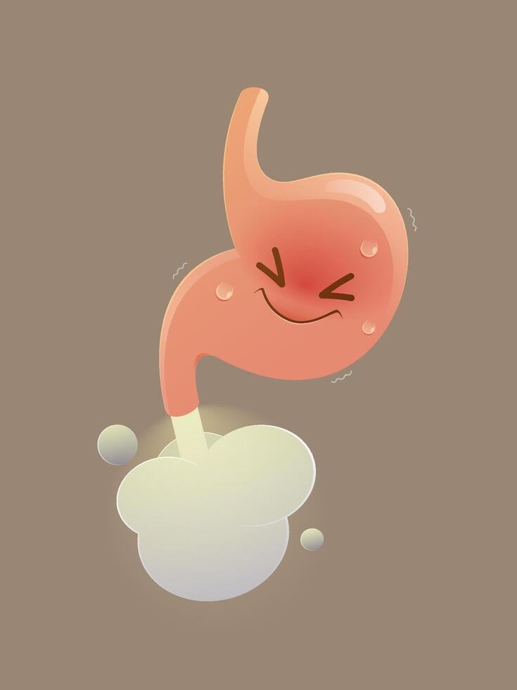 Funny cartoon stomach releasing gas with a puff of relief and humor. vector