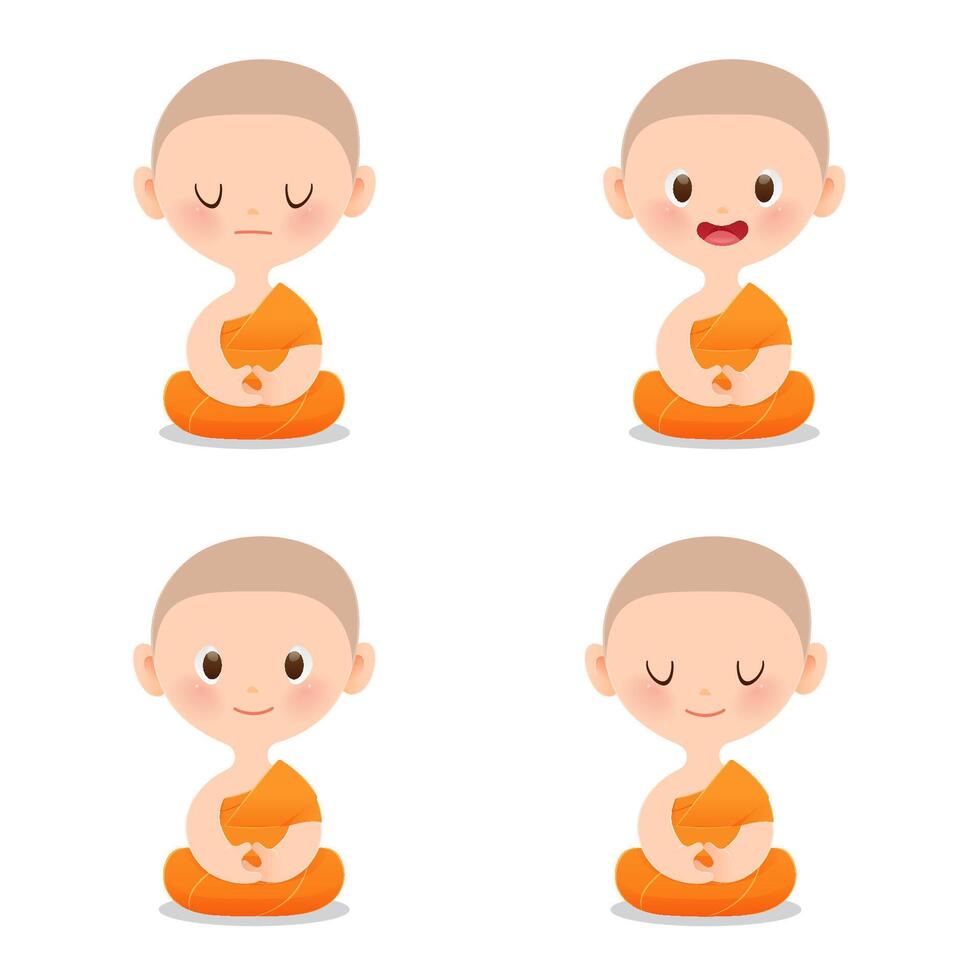 Adorable monk characters expressing emotions in peaceful meditation. vector