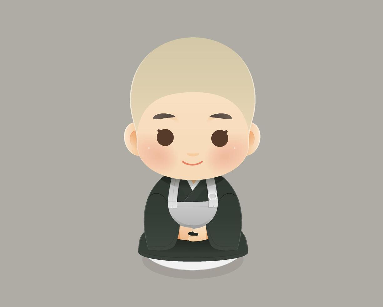 Cute Japanese monk cartoon kneeling calmly in meditation pose. vector