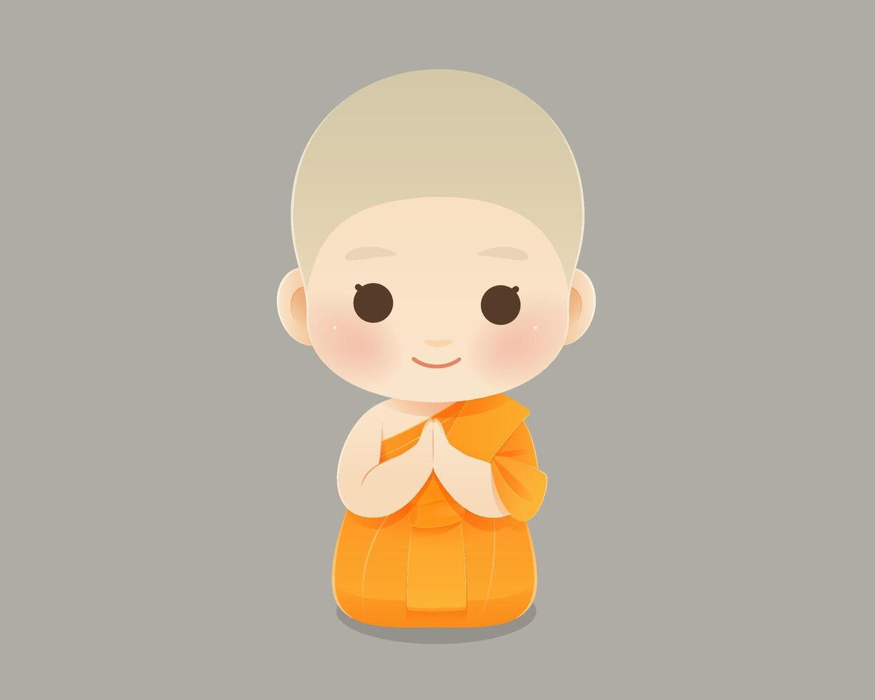 Adorable young novice monk kneeling in prayer with peaceful expression vector
