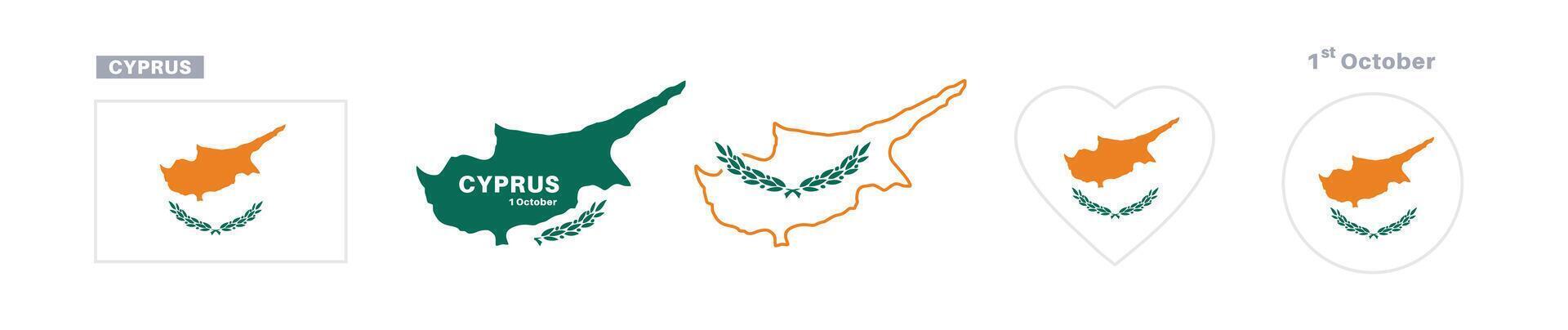cyprus flag and map set. cyprus flag in official colors and proportions. independence day 1 october, map, circle and heart shaped cyprus vector