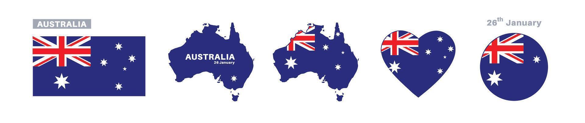 australia flag and map set. australia flag in official colors and proportions. independence day 26 january, map, circle and heart shaped australia vector