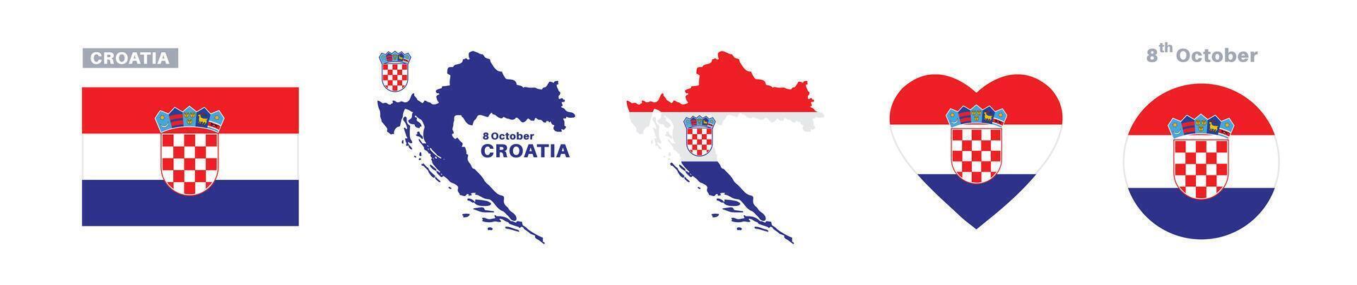 croatia flag and map set. croatia flag in official colors and proportions. independence day 8 october, map, circle and heart shaped croatia vector