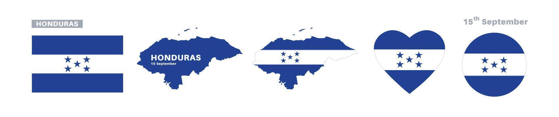 honduras flag and map set. honduras flag in official colors and proportions. independence day 15 september , map, circle and heart shaped honduras vector