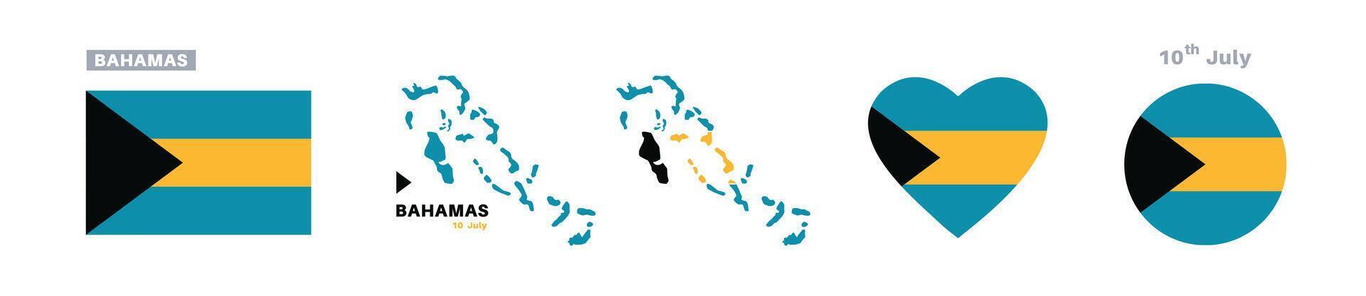 bahamas flag and map set. bahamas flag in official colors and proportions. independence day 10 july, map, circle and heart shaped bahamas vector