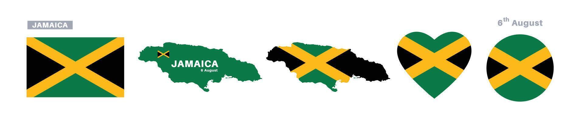 jamaica flag and map set. jamaica flag in official colors and proportions. independence day 6 august , map, circle and heart shaped jamaica vector