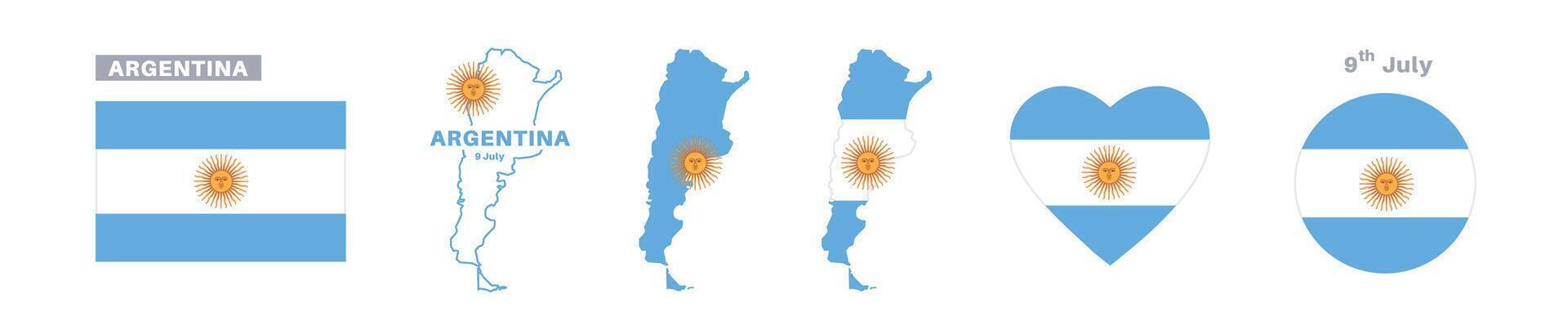 argentina flag and map set. argentina flag in official colors and proportions. independence day 9 july, map, circle and heart shaped argentina vector
