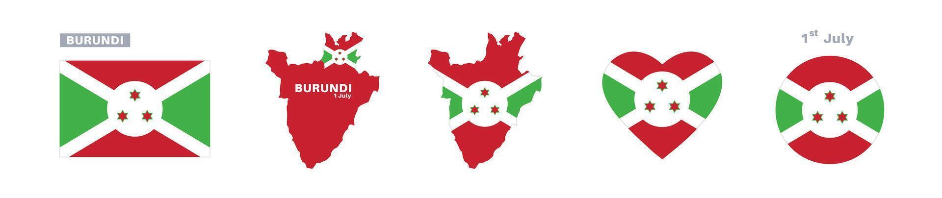 burundi flag and map set. burundi flag in official colors and proportions. independence day 1 july, map, circle and heart shaped burundi vector