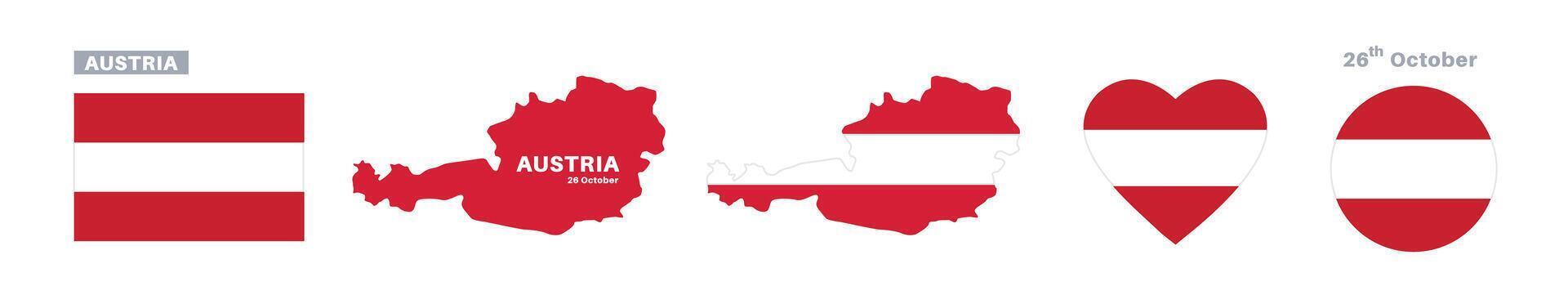 austria flag and map set. austria flag in official colors and proportions. independence day 26 october, map, circle and heart shaped austria vector