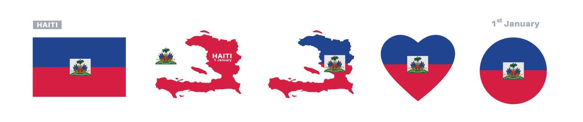 haiti flag and map set. haiti flag in official colors and proportions. independence day 1 january, map, circle and heart shaped haiti vector
