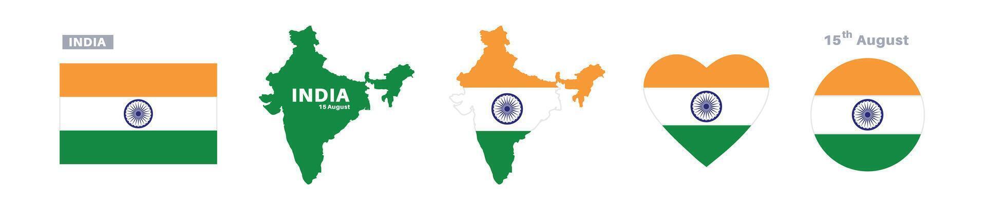 india flag and map set. india flag in official colors and proportions. independence day 15 august, map, circle and heart shaped india vector