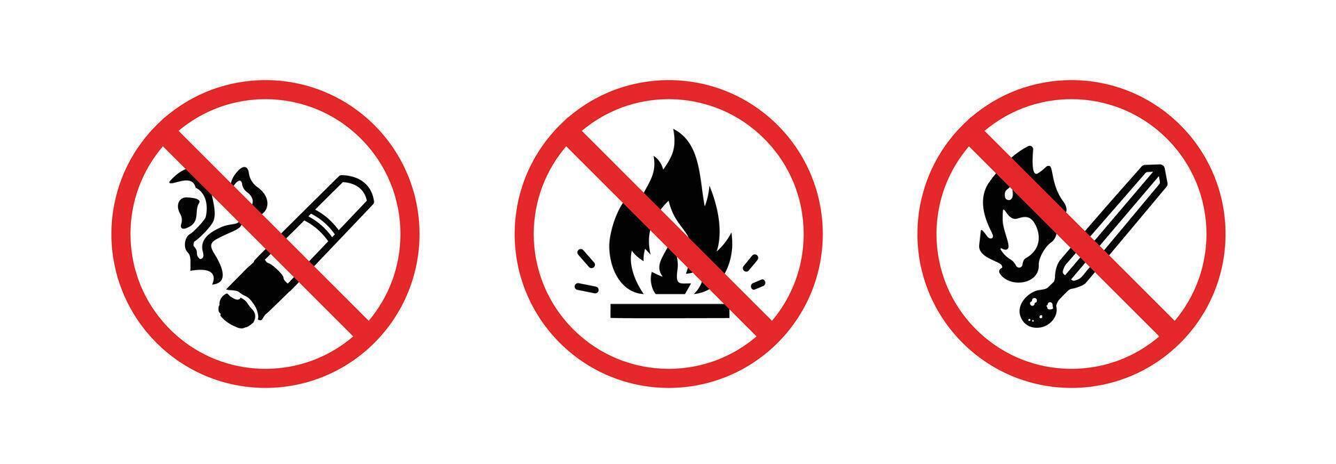 set of Signs prohibiting lighting fire, cigarettes and matches. Round label on white background vector