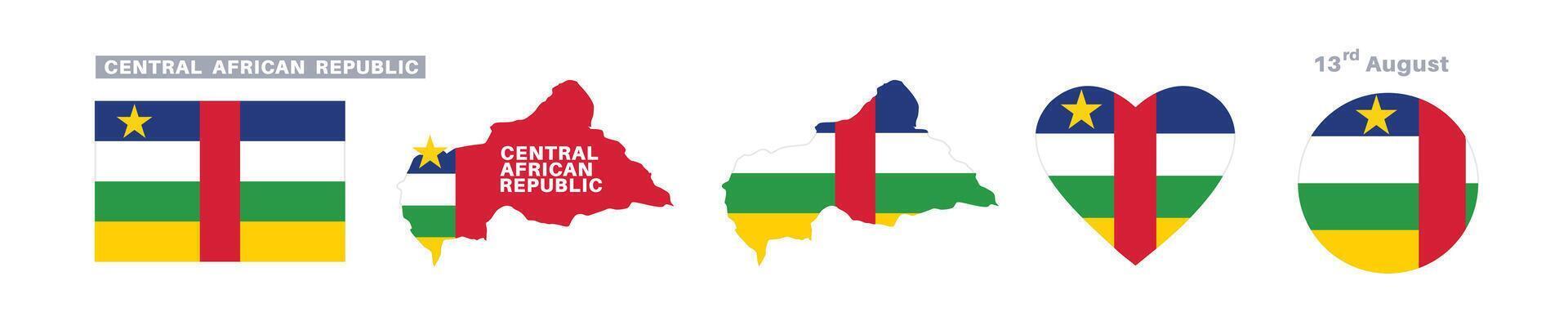 central african republic flag and map set. central african republic flag in official colors and proportions. independence day 13 august , map, circle and heart shaped central african republic vector