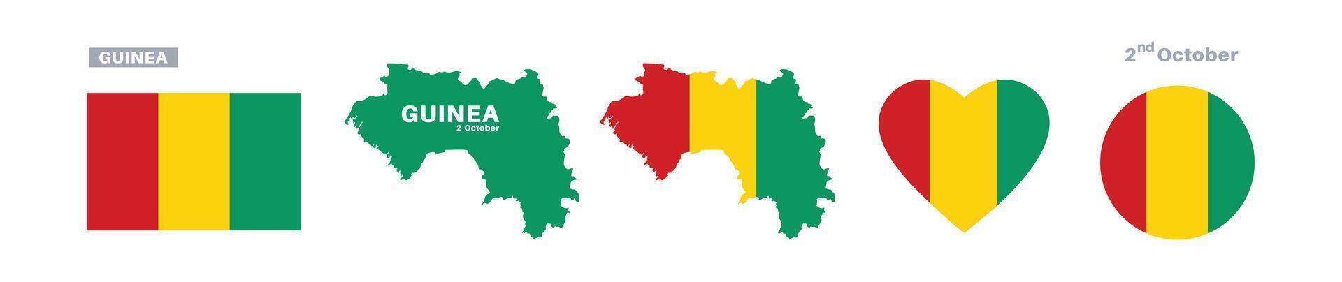 guinea flag and map set. guinea flag in official colors and proportions. independence day 2 october, map, circle and heart shaped guinea vector