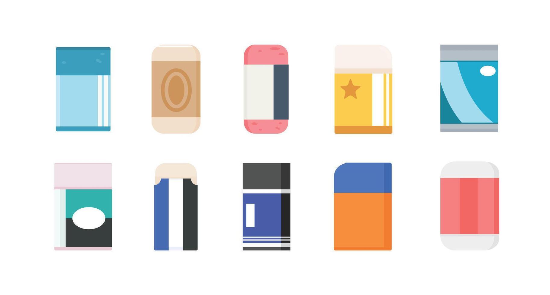 Set of Erasers or Rubbers With Flat Style in various shapes and colors Isolated On White Background vector