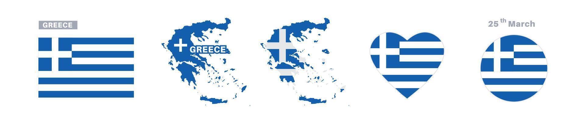 greece flag and map set. greece flag in official colors and proportions. independence day 25 march, map, circle and heart shaped greece vector