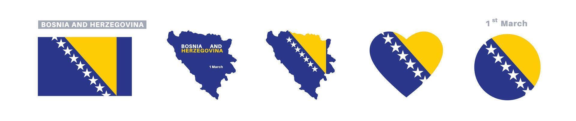 bosnia and herzegovina flag and map set. bosnia and herzegovinaflag in official colors and proportions. independence day 1 march, map, circle and heart shaped bosnia and herzegovina vector