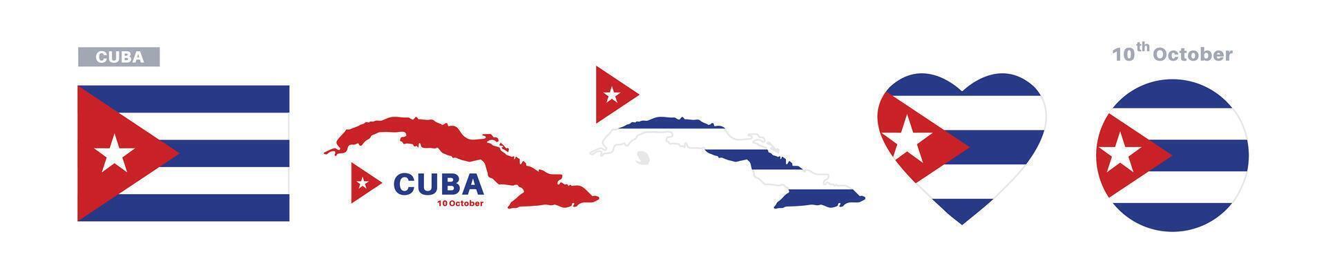cuba flag and map set. cuba flag in official colors and proportions. independence day 10 october, map, circle and heart shaped cuba vector