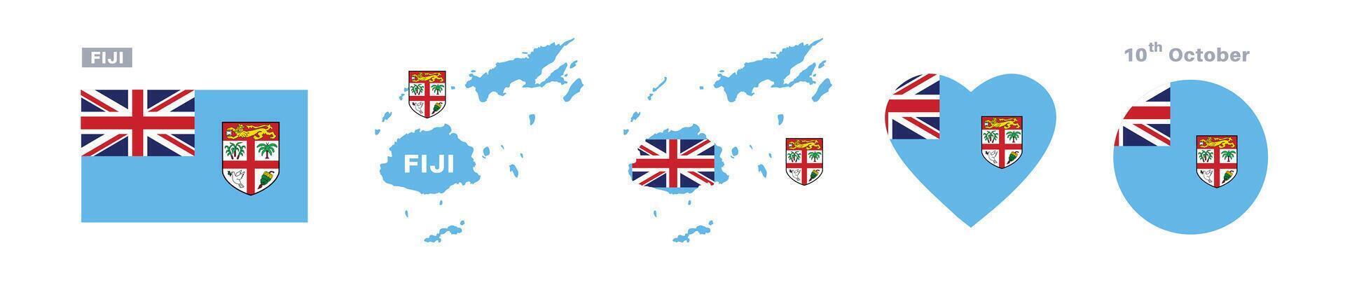 FIJI flag and map set. FIJI flag in official colors and proportions. independence day 10 OCTOBER, map, circle and heart shaped FIJI vector