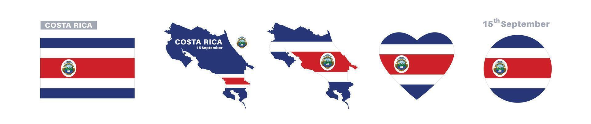 costa rica flag and map set. costa rica flag in official colors and proportions. independence day 15 september , map, circle and heart shaped costa rica vector