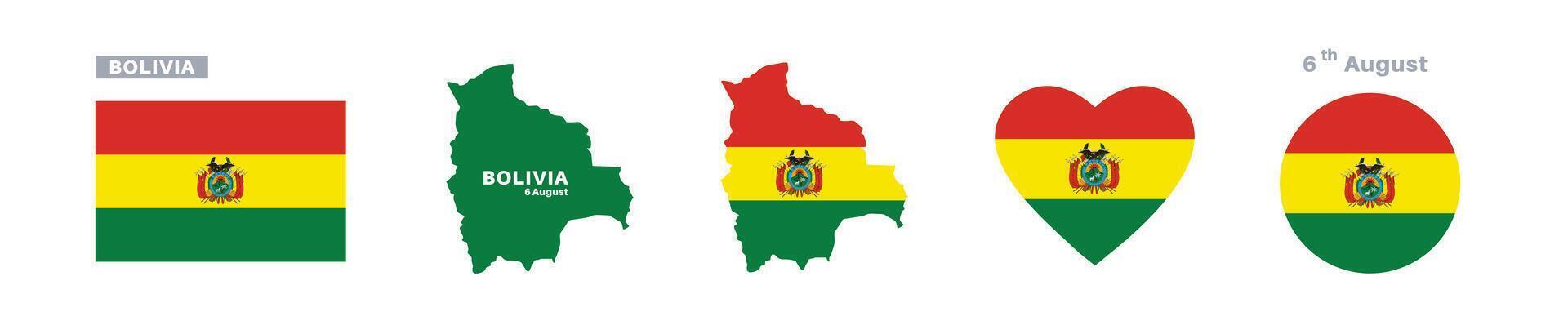 bolivia flag and map set. bolivia flag in official colors and proportions. independence day 6 august , map, circle and heart shaped bolivia vector