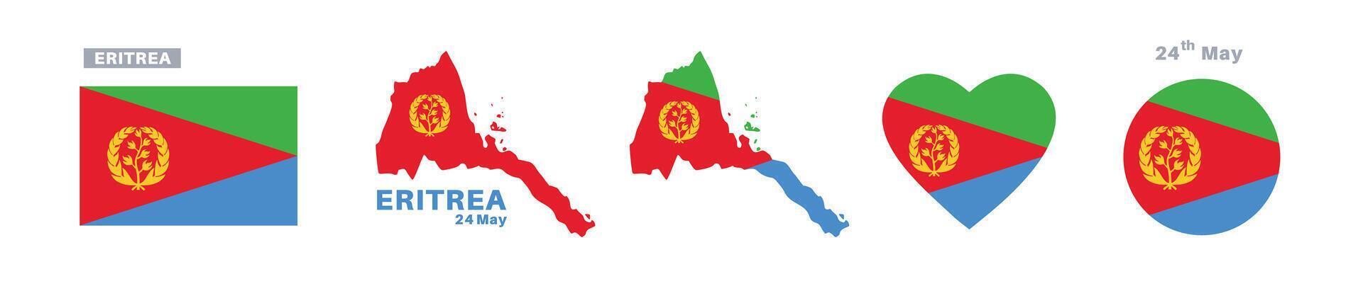 eritrea flag and map set. eritrea flag in official colors and proportions. independence day 24 may, map, circle and heart shaped eritrea vector