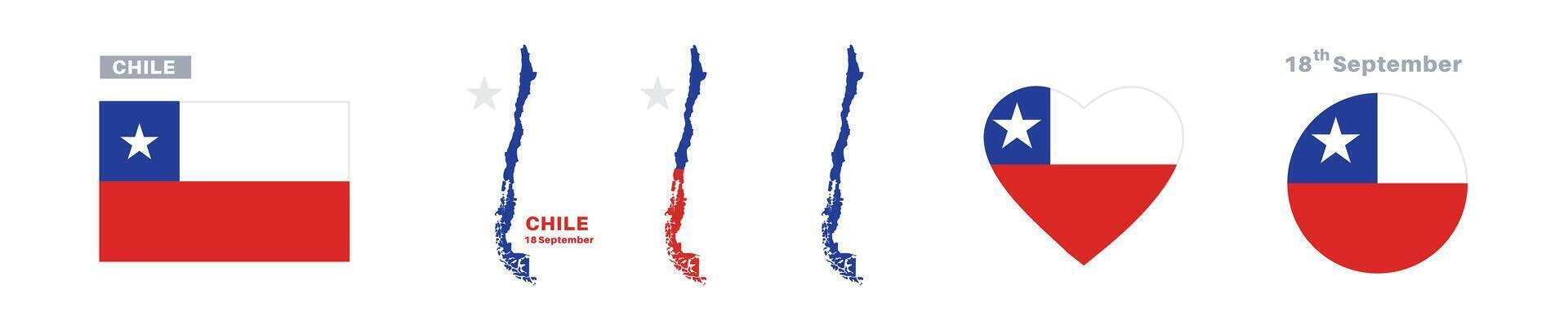 chile flag and map set. chile flag in official colors and proportions. independence day 18 september, map, circle and heart shaped chile vector