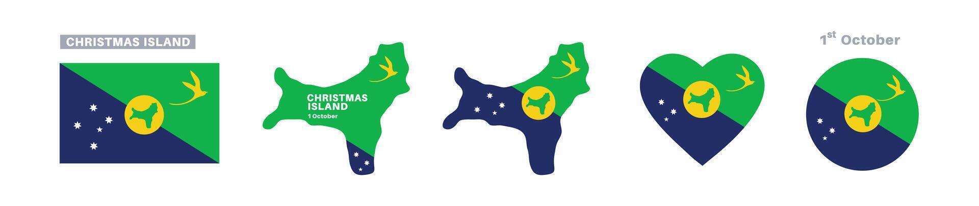 christmas island flag and map set. christmas island flag in official colors and proportions. independence day 1 october , map, circle and heart shaped christmas island vector