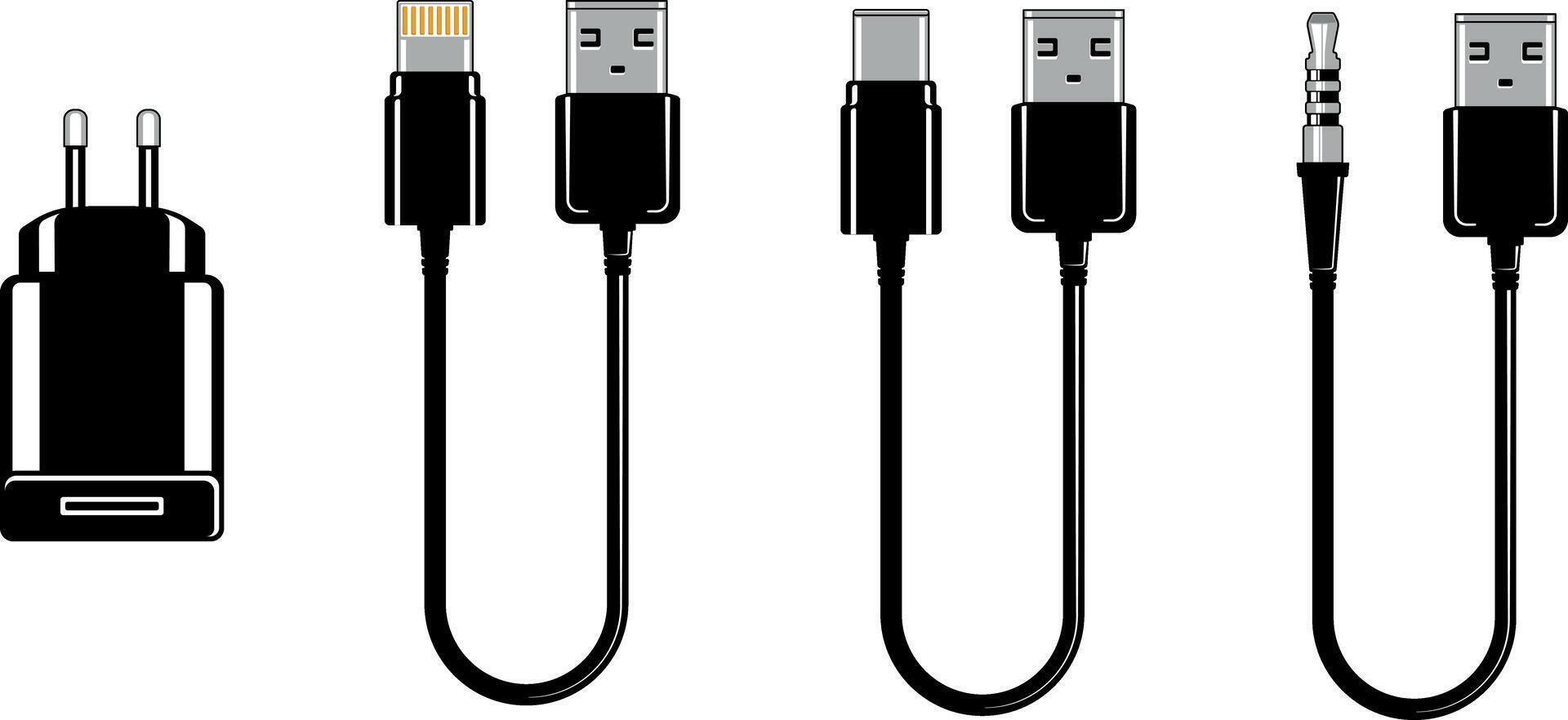 Set of minimal icons with power adapter and various USB cables, including audio and compact connectors. Isolated without background. Perfect for electronics and mobile device content. vector