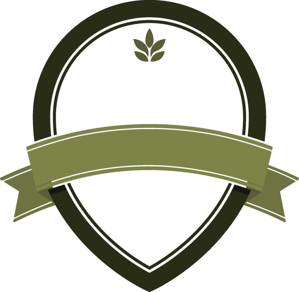 Retro-style badge template with olive green ribbon and small leaf icon, teardrop shape, flat design without background vector