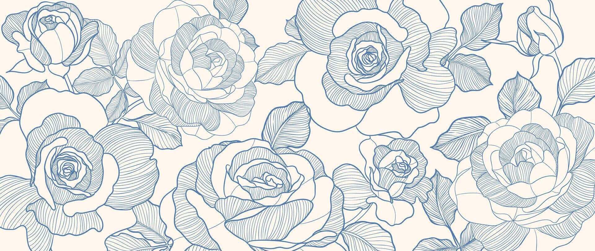 Luxury indigo blue hand drawn rose flower line art background. vector