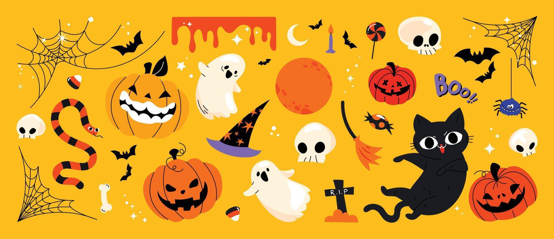 Halloween decorations with pumpkins and ghosts vector