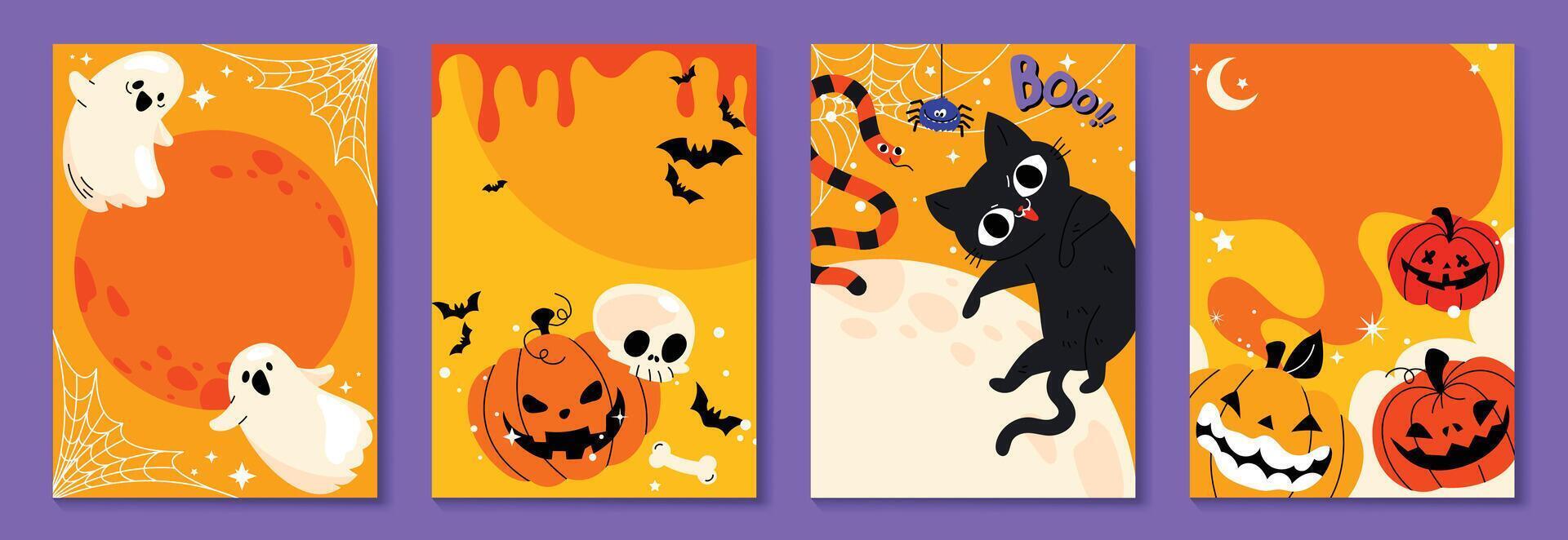 Halloween illustrations with ghosts and pumpkins vector