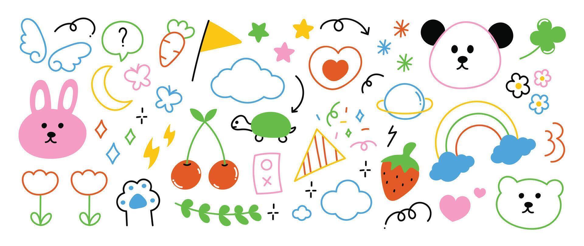 Set of cute colorful line doodle element . Hand drawn doodle collection of arrow, speech bubble, crown, flower, scribble, dog, carrot. Design for decoration, sticker, idol poster, kids. vector