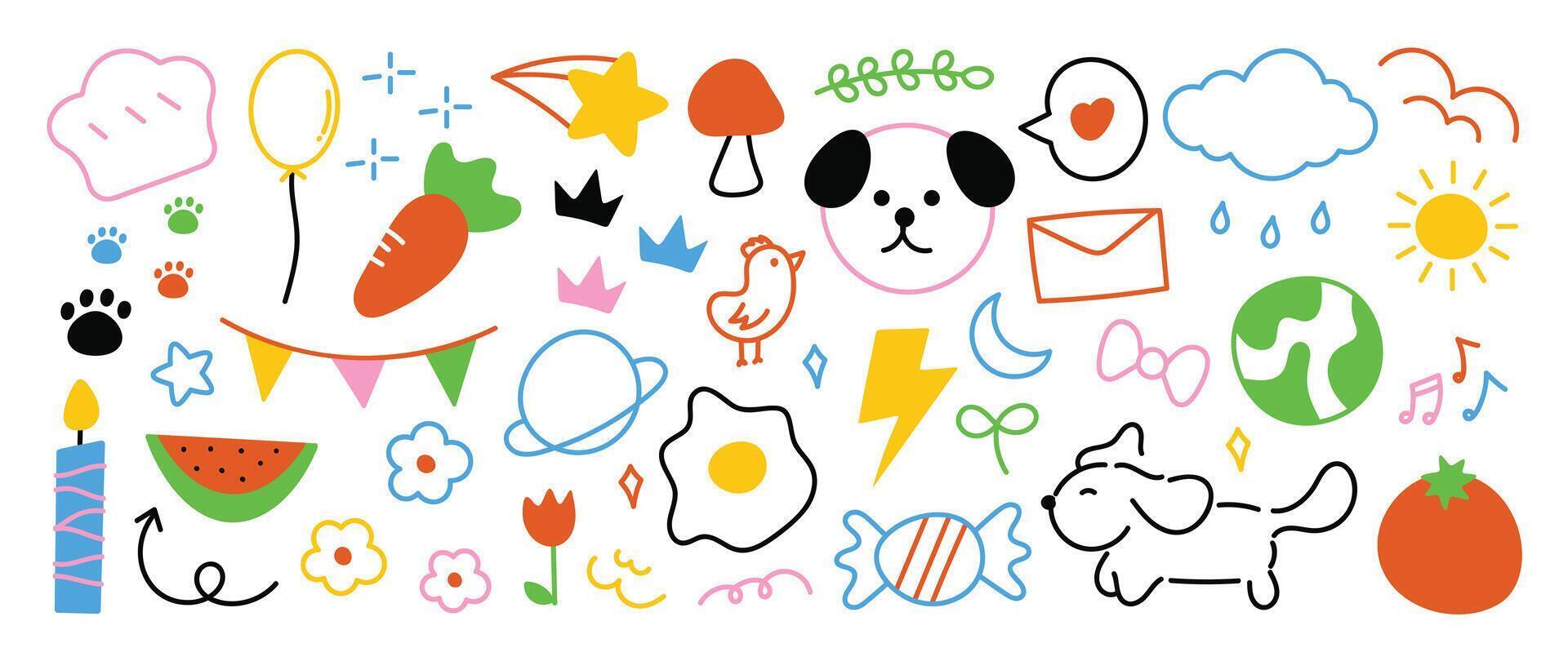 Set of cute colorful line doodle element . Hand drawn doodle collection of arrow, speech bubble, crown, flower, scribble, rabbit, bear. Design for decoration, sticker, idol poster, kids. vector