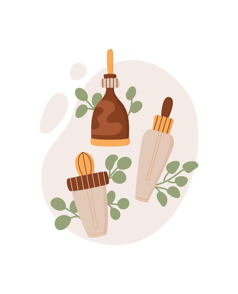 Flat cartoon cosmetic bottle with cream and lotion surrounded by plant elements. Simple beauty product design in an organic style. Ideal for skincare and bodycare themes packaging ideas. vector