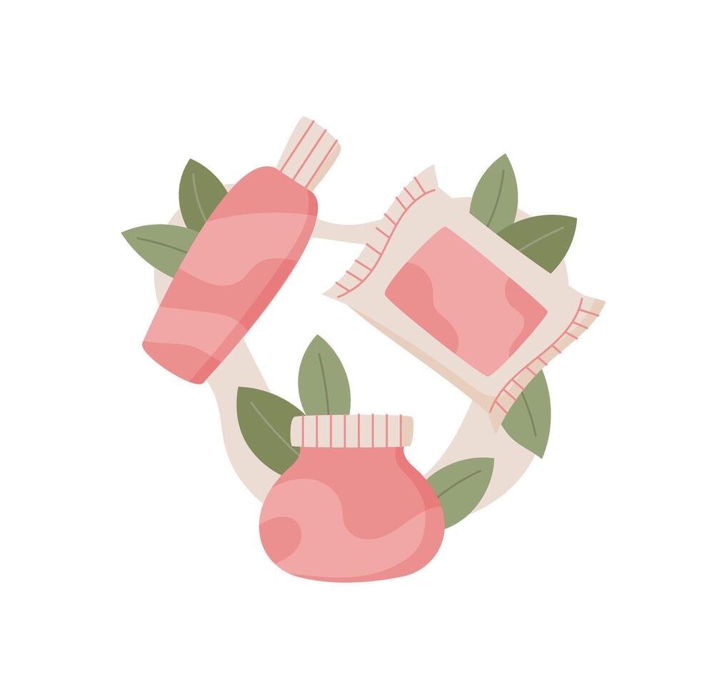Cosmetic cream and lotion bottle with jar in flat cartoon graphic style, surrounded by leaves. Concept of beauty, skincare, and natural care. Ideal for spa or bodycare product promotions. vector