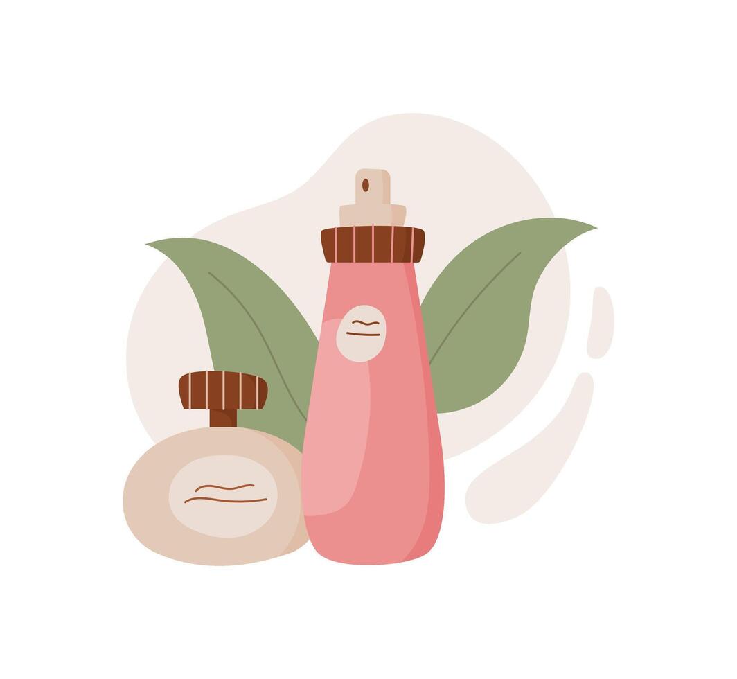 Cosmetic lotion bottle and cream in flat style, representing beauty and skincare product. Organic eco design with clean packaging. Ideal for personal care beauty themes. vector