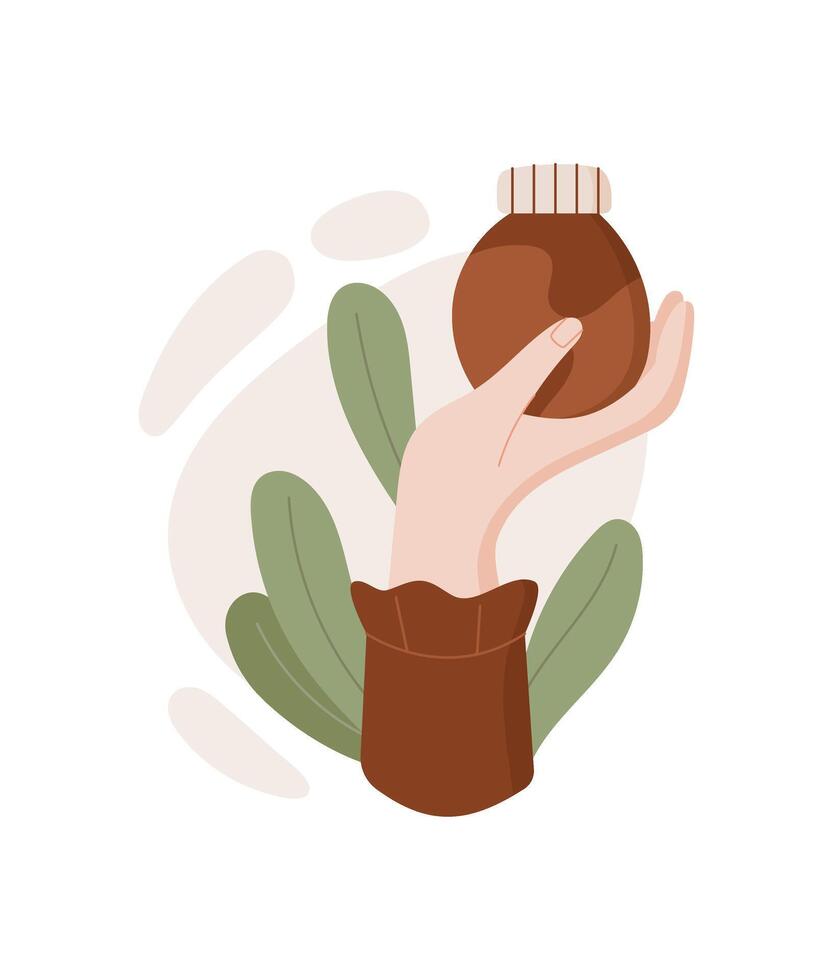 Hand holding a jar of organic lotion, showcasing beauty and cosmetic products. Concept of spa and bodycare, flat graphic style, suitable for skincare branding advertising. vector