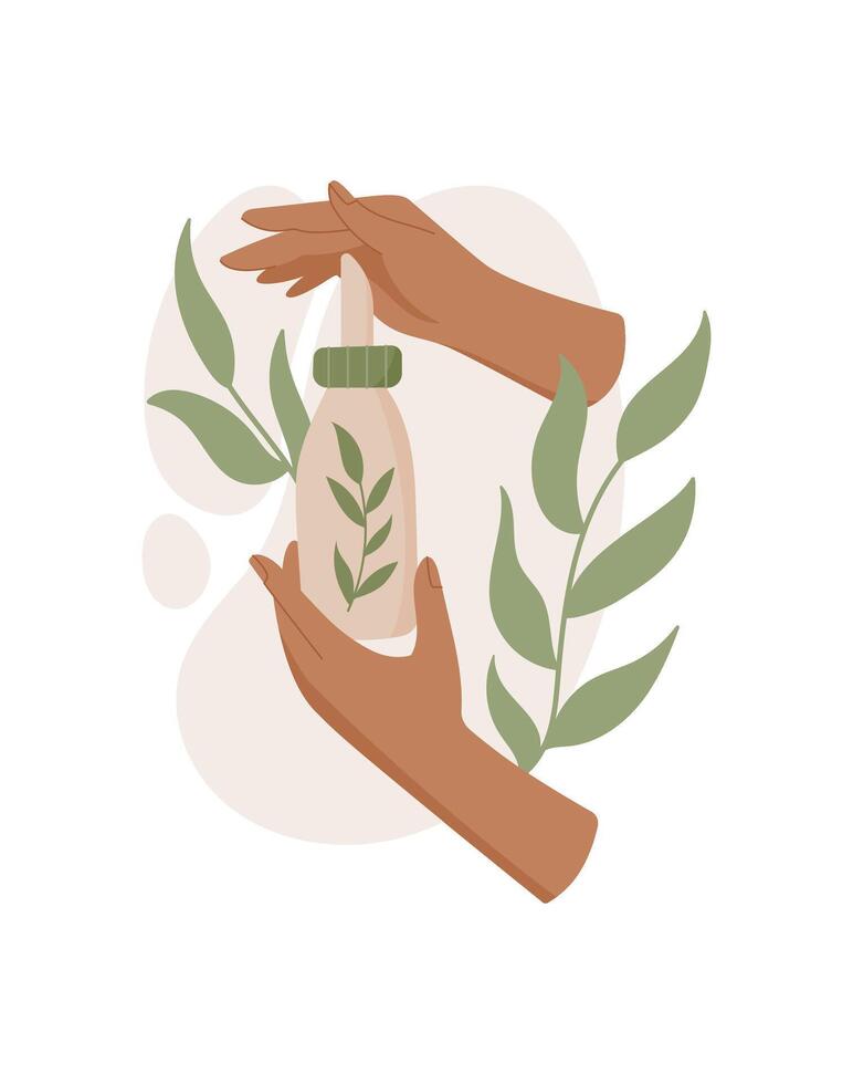 Woman hand holding tube of organic cream and lotion with spa theme. Beauty and skincare product for face body care. Concept of natural cosmetic, flat graphic, suitable for wellness beauty marketing vector