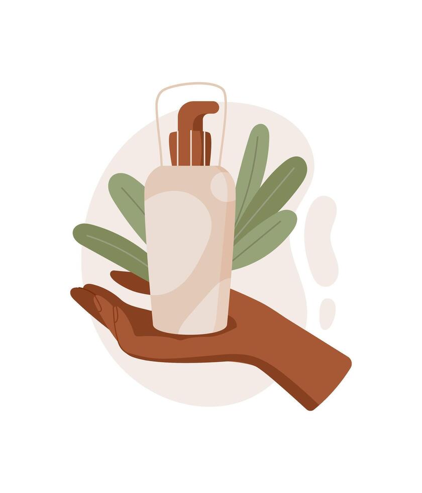 Flat design of hand holding organic lotion bottle focused on beauty and skin. Concept of natural skincare, eco product, and bodycare. Suitable for wellness cosmetic themes. vector