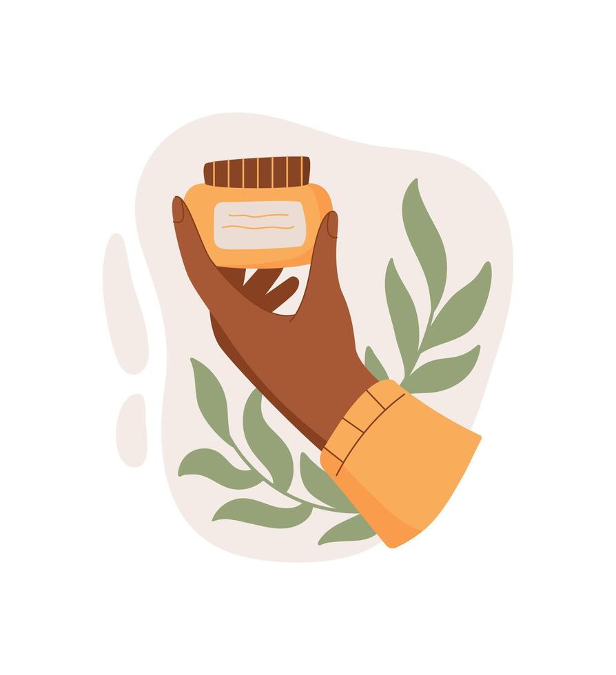 Woman's hand holds a jar of cream, showcasing a cosmetic product for skincare and beauty. Concept of natural care, organic ingredients, and flat cartoon graphic style. Suitable for beauty wellness vector