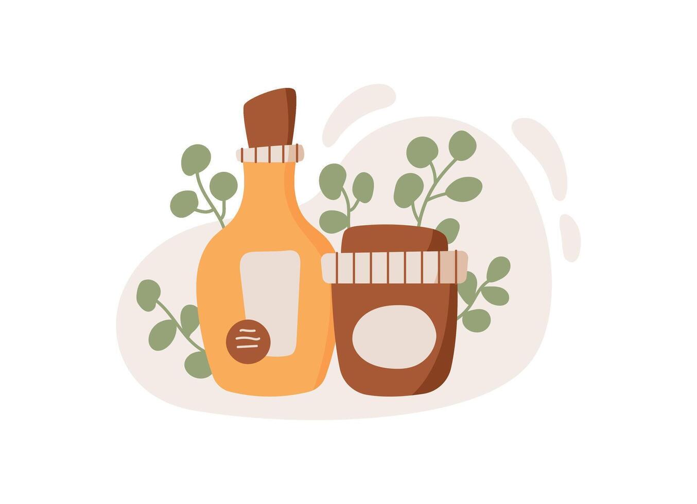 Flat design of organic cosmetic bottle and jar with cream and lotion. Simple natural skincare products with eco appeal. Concept of beauty, bodycare, hygiene, suitable for promotional materials. vector