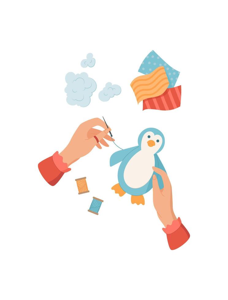 Hands sewing a cute penguin toy with colorful supplies and fabric. DIY activity for children and creative hobby. Flat style illustration ideal for craft educational themes. vector