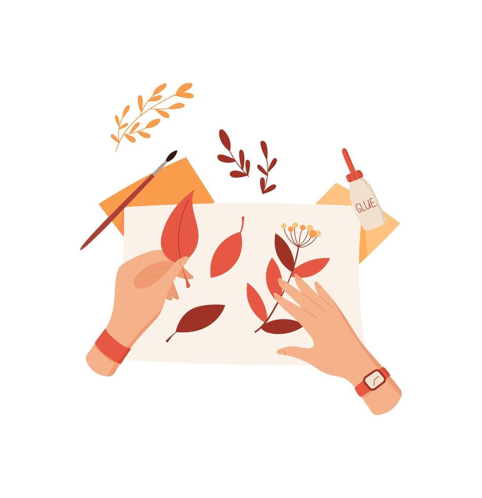 Hands of kids engage in craft collage using glue and colorful leaves. Creative DIY project illustration in flat cartoon graphic style. Ideal for school projects or art workshops. vector