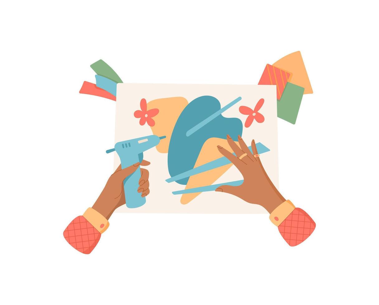Hands of children making craft activity with tools and glue in creative workshop. Flat cartoon graphic style representation of kids engaged in DIY project, ideal for school or educational themes. vector